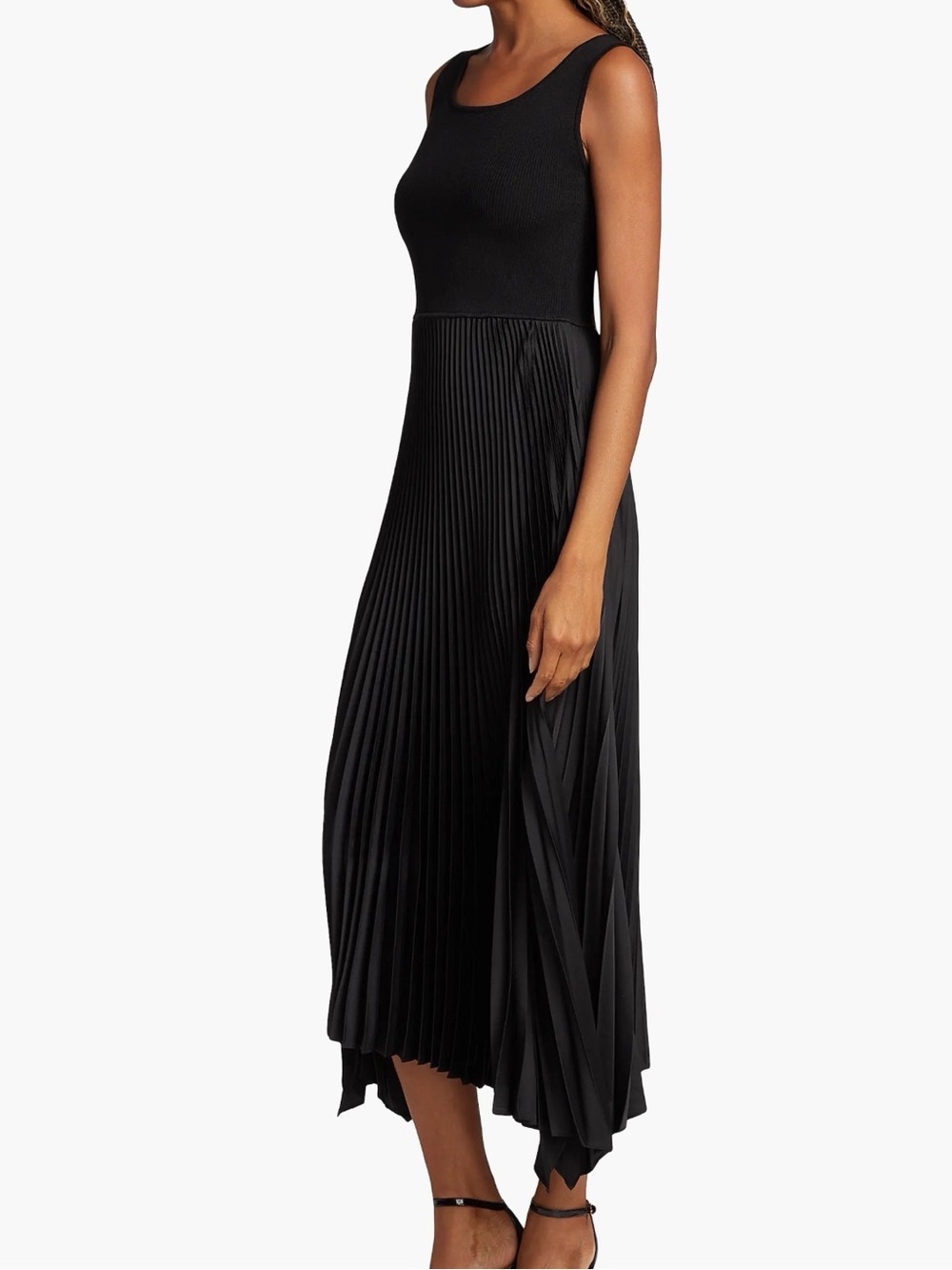 ELIE TAHARI Mixed Media Pleated Midi Dress BLACK Size Large